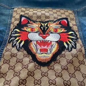 Custom Denim Jacket with repurposed Gucci fabric,  and cat patch